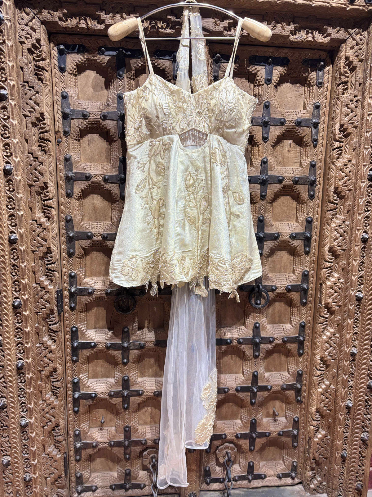 Ivory Pearl Embellished Peplum Divider Set with Dupatta