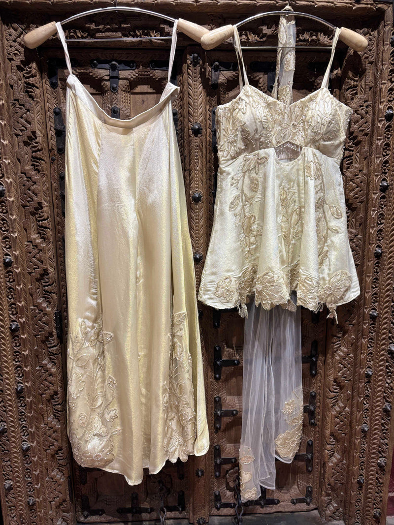 Ivory Pearl Embellished Peplum Divider Set with Dupatta