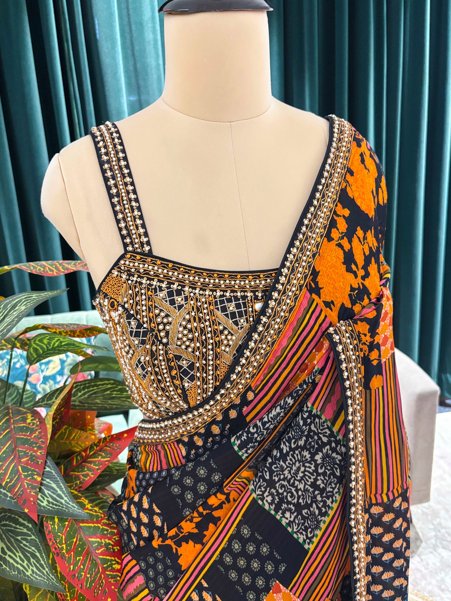 Multicolor Patchwork Printed Saree With Golden Border