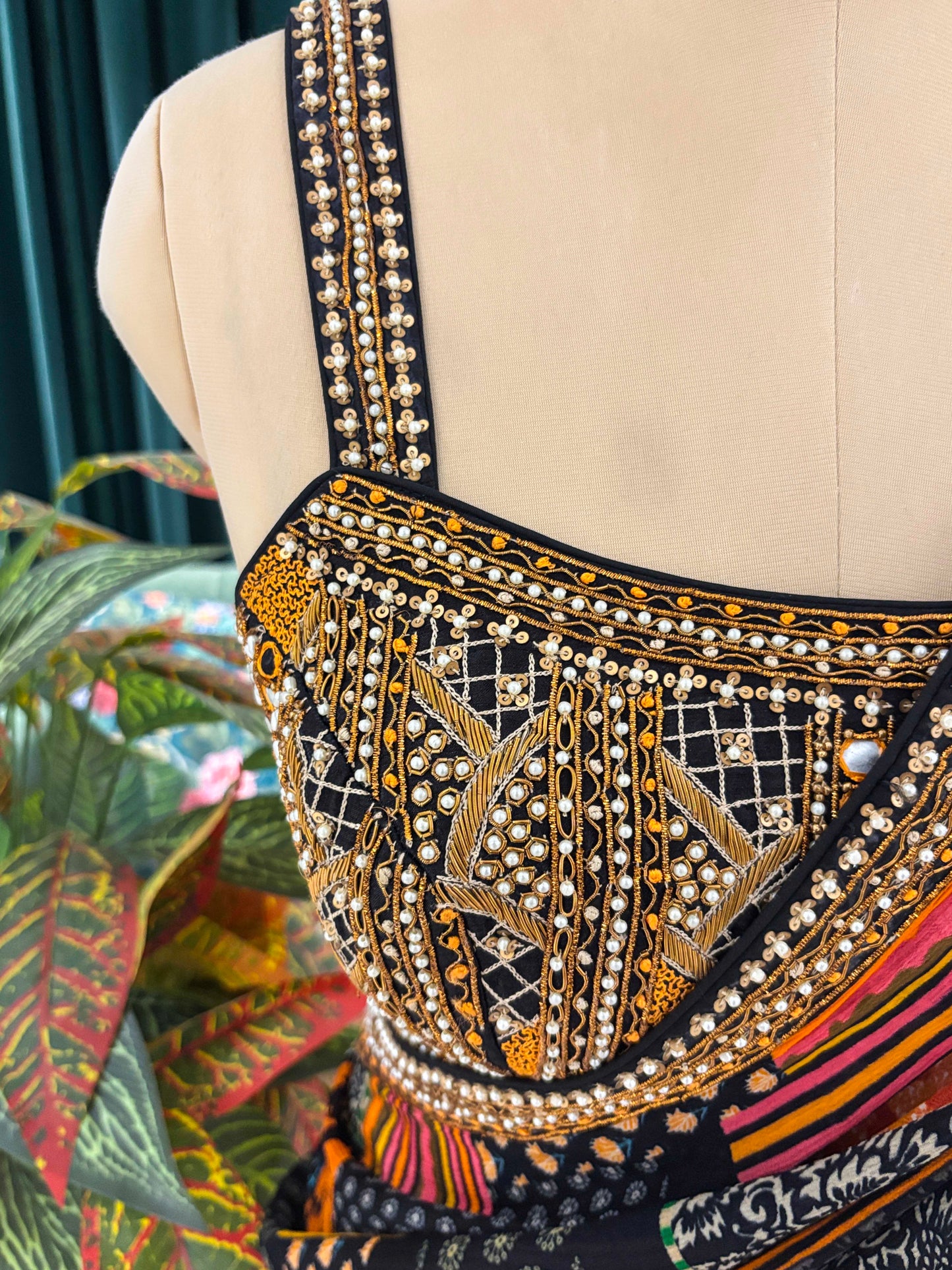 Multicolor Patchwork Printed Saree With Golden Border