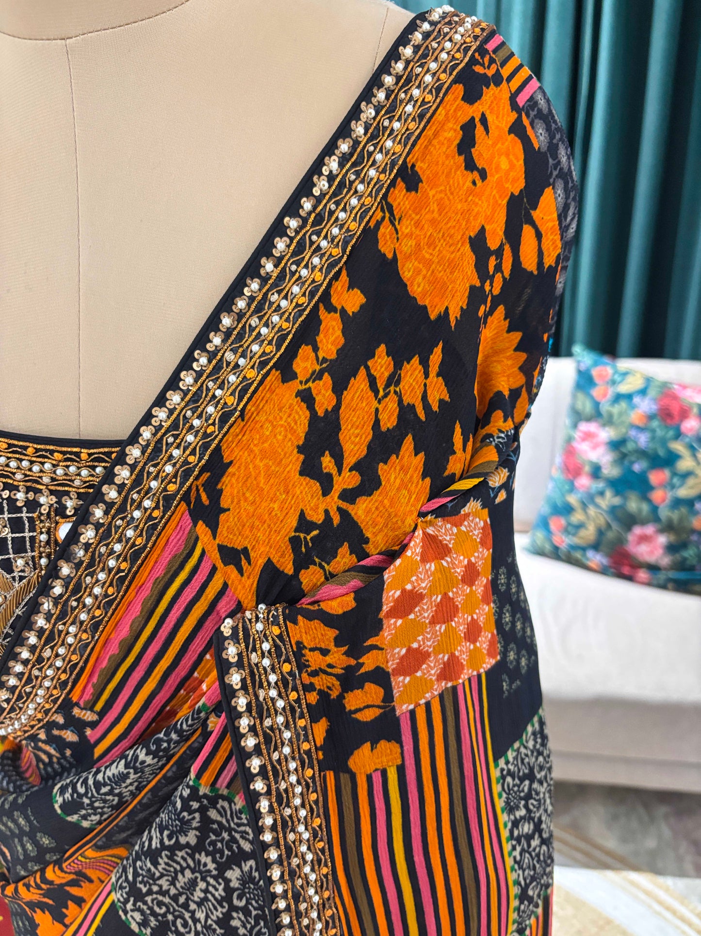 Multicolor Patchwork Printed Saree With Golden Border