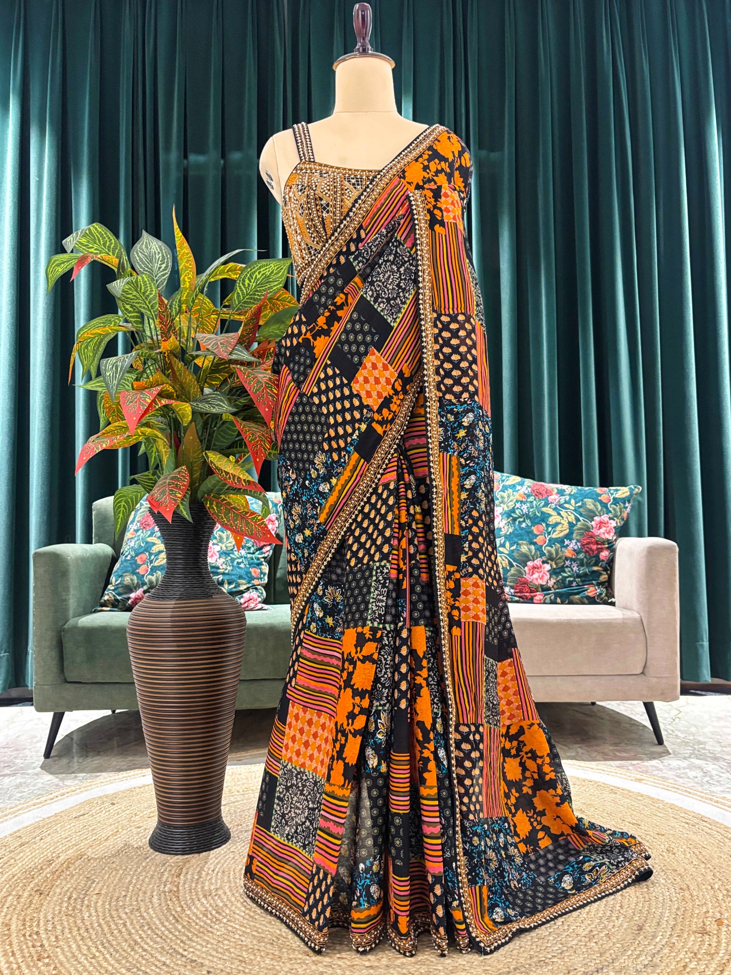 Multicolor Patchwork Printed Saree With Golden Border