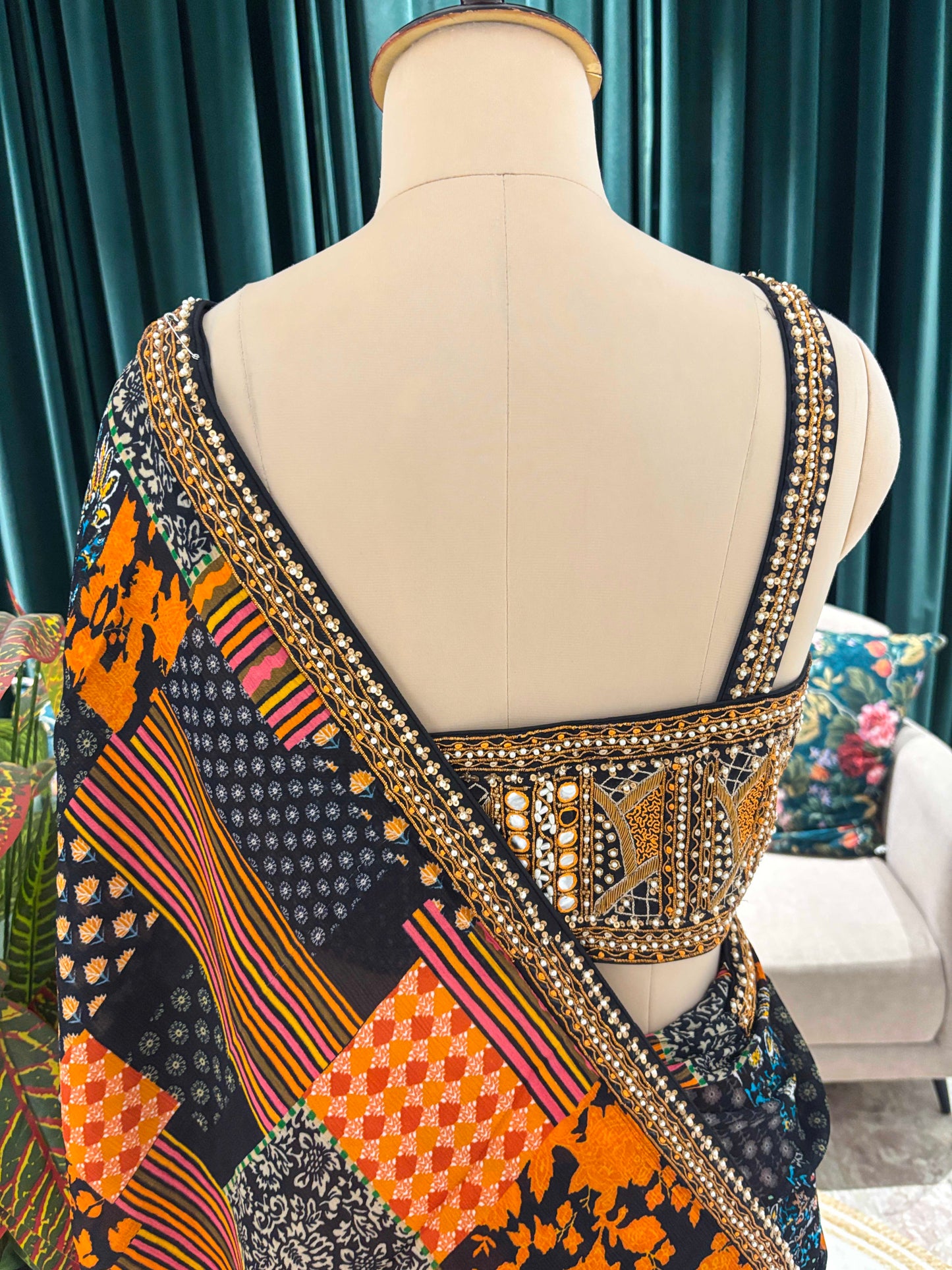 Multicolor Patchwork Printed Saree With Golden Border