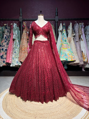 Wine Maroon Sequin Embroidered Non Bridal Lehenga Set