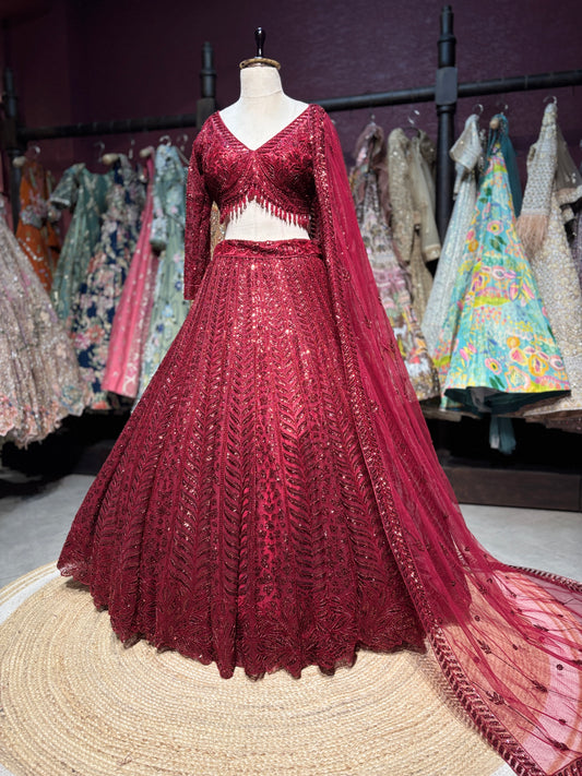 Wine Maroon Sequin Embroidered Non Bridal Lehenga Set