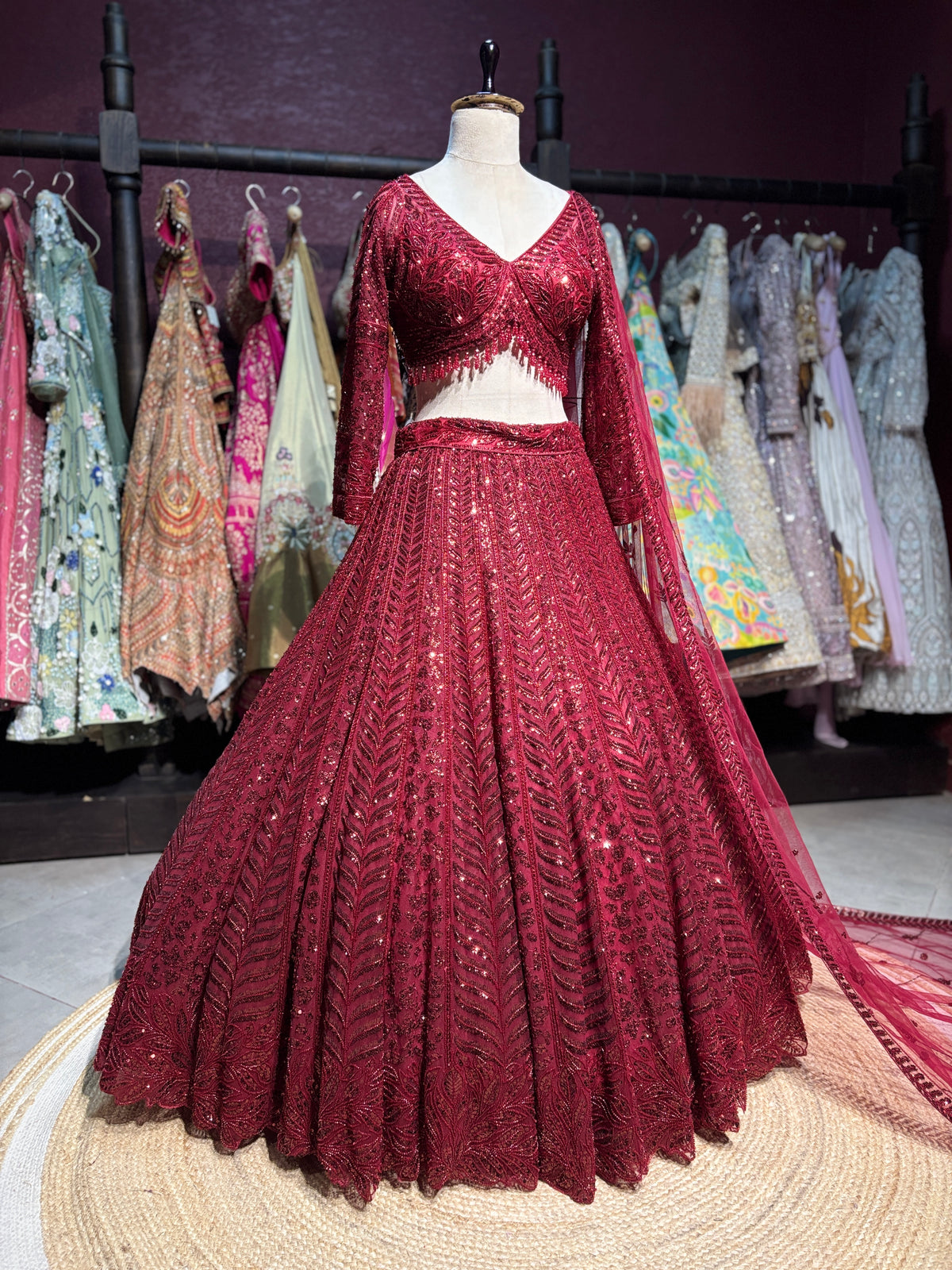 Wine Maroon Sequin Embroidered Non Bridal Lehenga Set