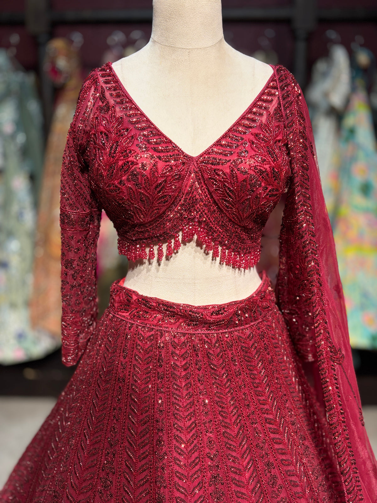 Wine Maroon Sequin Embroidered Non Bridal Lehenga Set