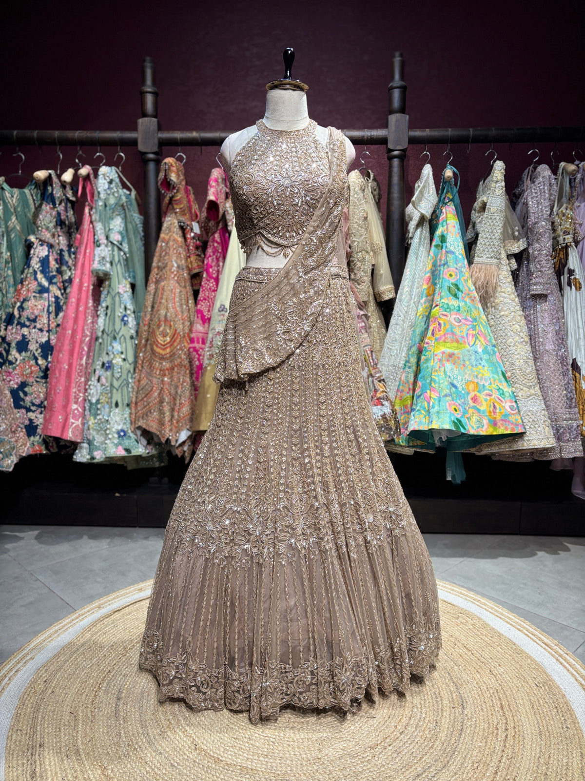 Champagne Gold Embroidered Draped Fish Cut Lehenga Set