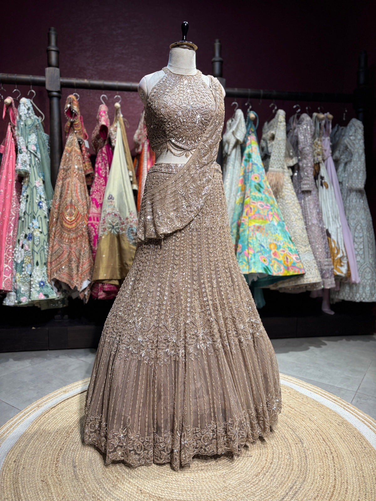 Champagne Gold Embroidered Draped Fish Cut Lehenga Set
