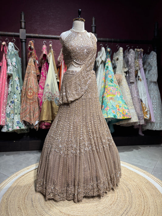 Champagne Gold Embroidered Draped Fish Cut Lehenga Set