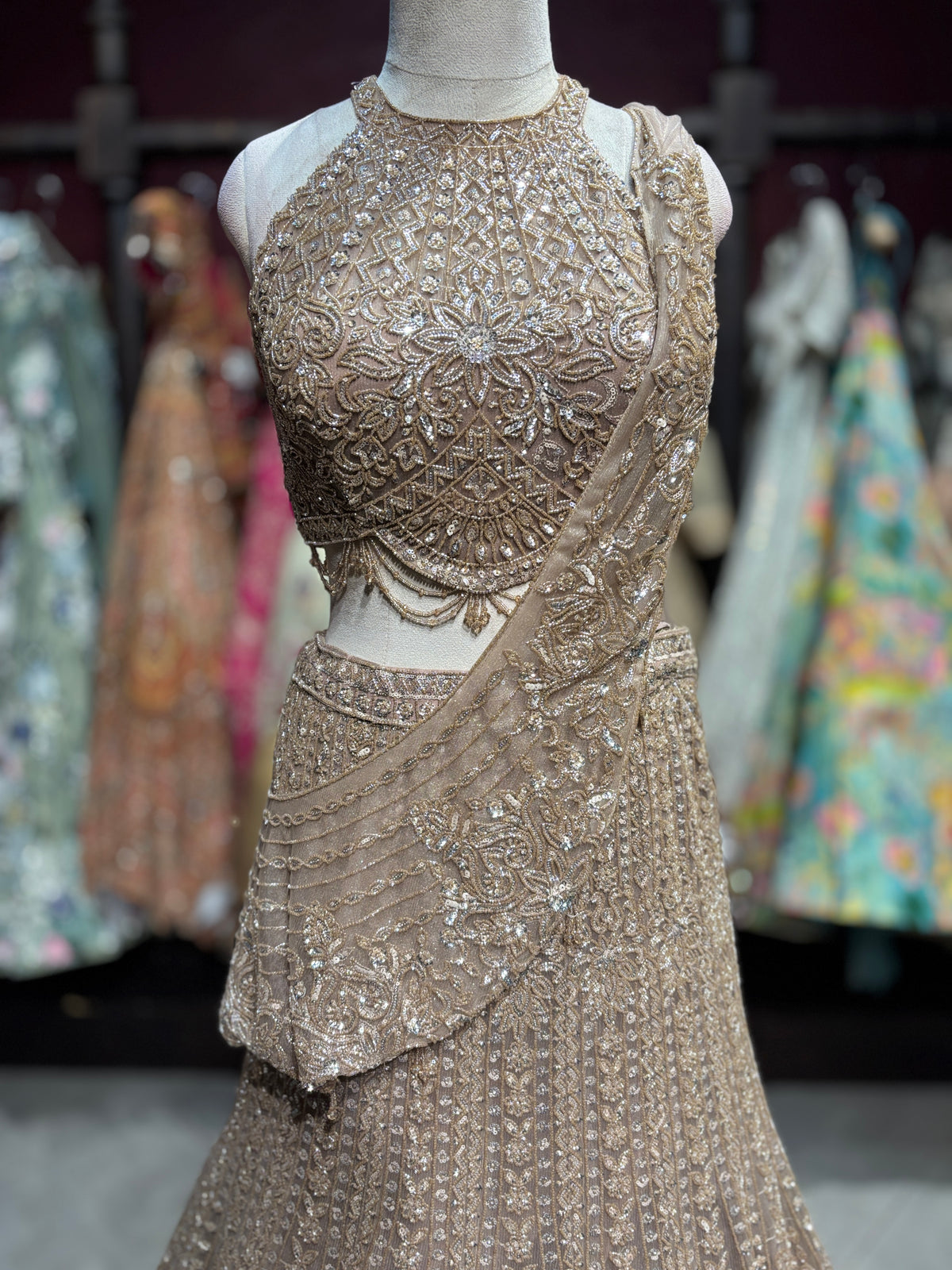 Champagne Gold Embroidered Draped Fish Cut Lehenga Set