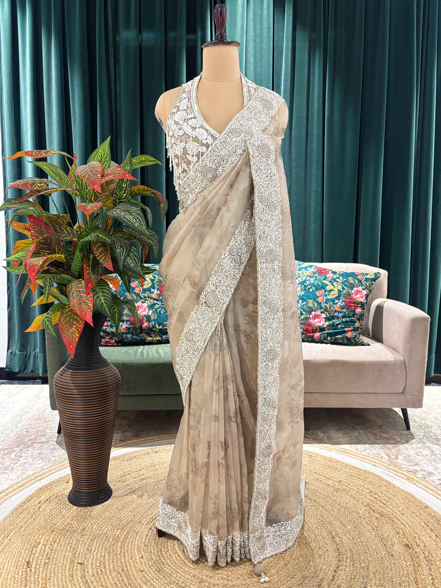 Ivory Grey Embroidered Floral Saree with Heavy Border