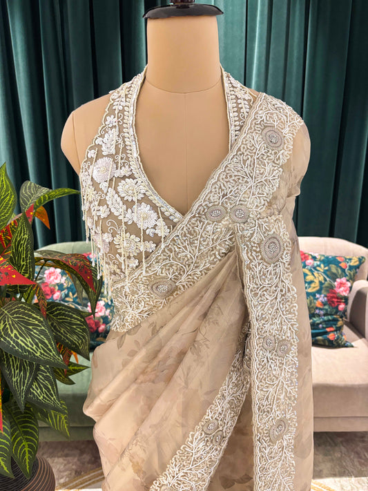 Ivory Grey Embroidered Floral Saree with Heavy Border