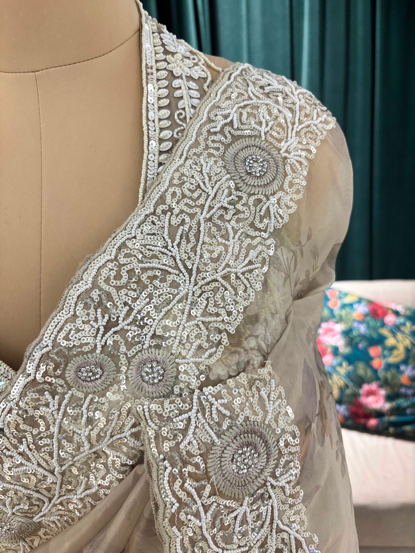 Ivory Grey Embroidered Floral Saree with Heavy Border