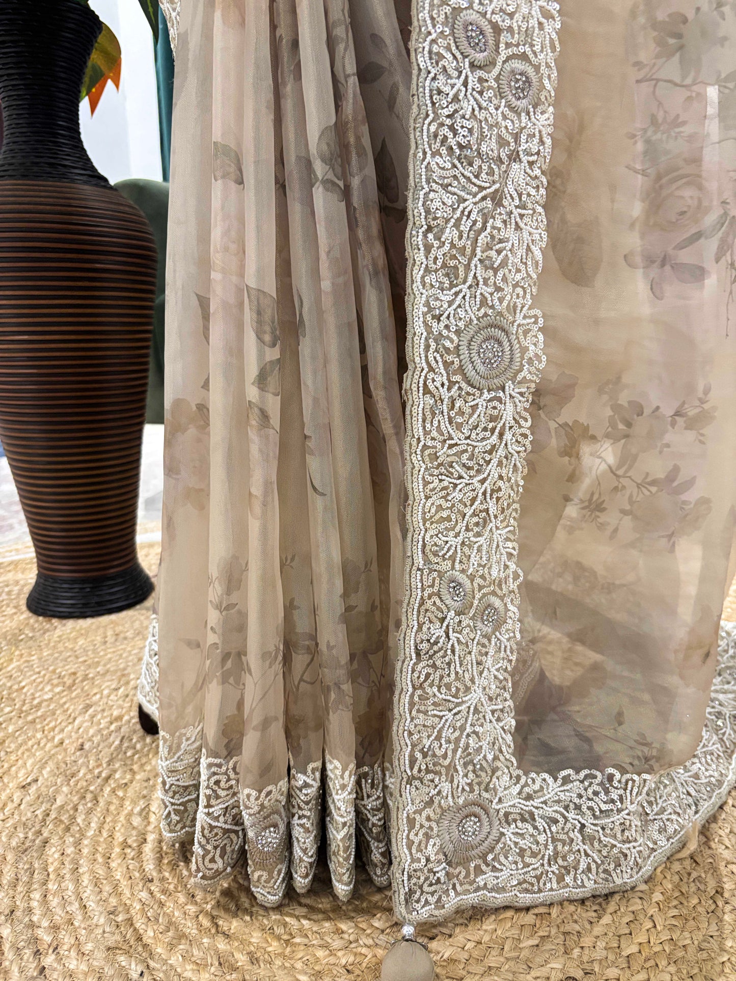 Ivory Grey Embroidered Floral Saree with Heavy Border