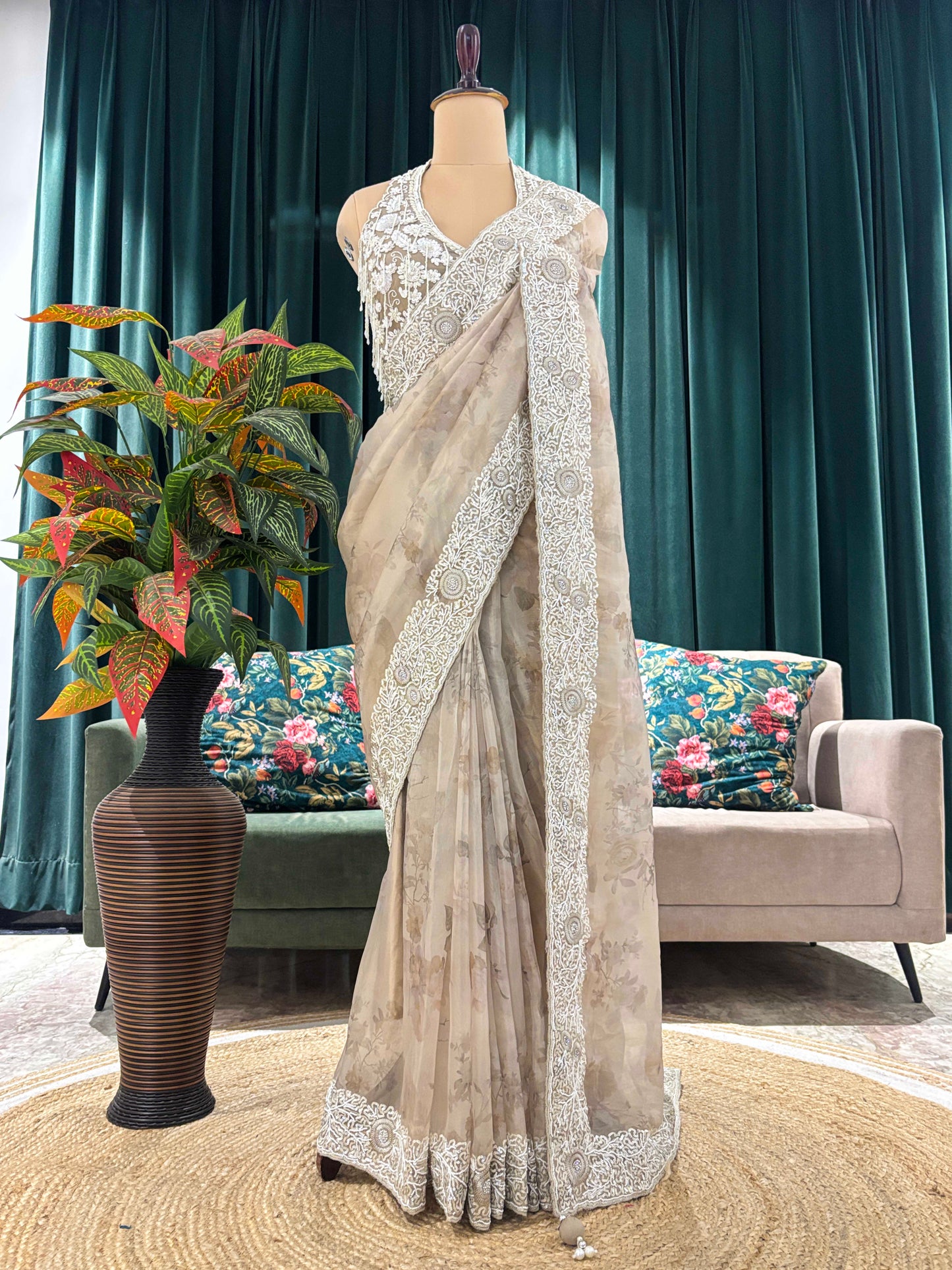 Ivory Grey Embroidered Floral Saree with Heavy Border