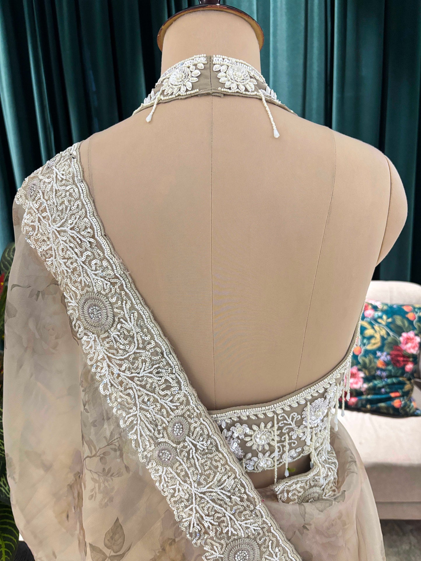 Ivory Grey Embroidered Floral Saree with Heavy Border