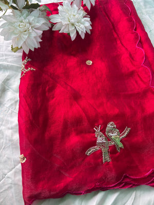 Wine Designer Saree with Handcrafted Bird Motifs