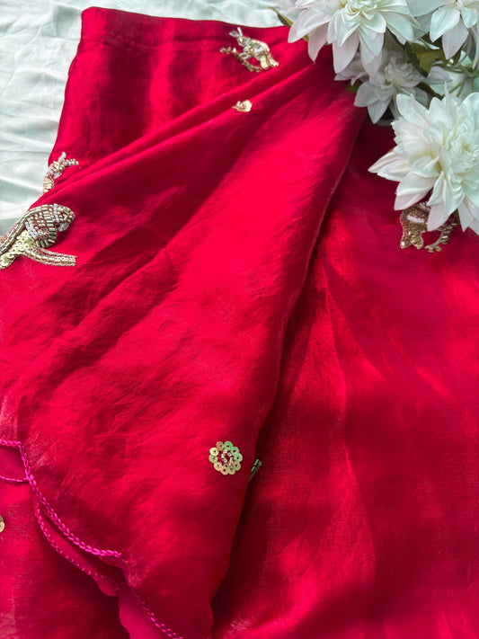 Wine Designer Saree with Handcrafted Bird Motifs