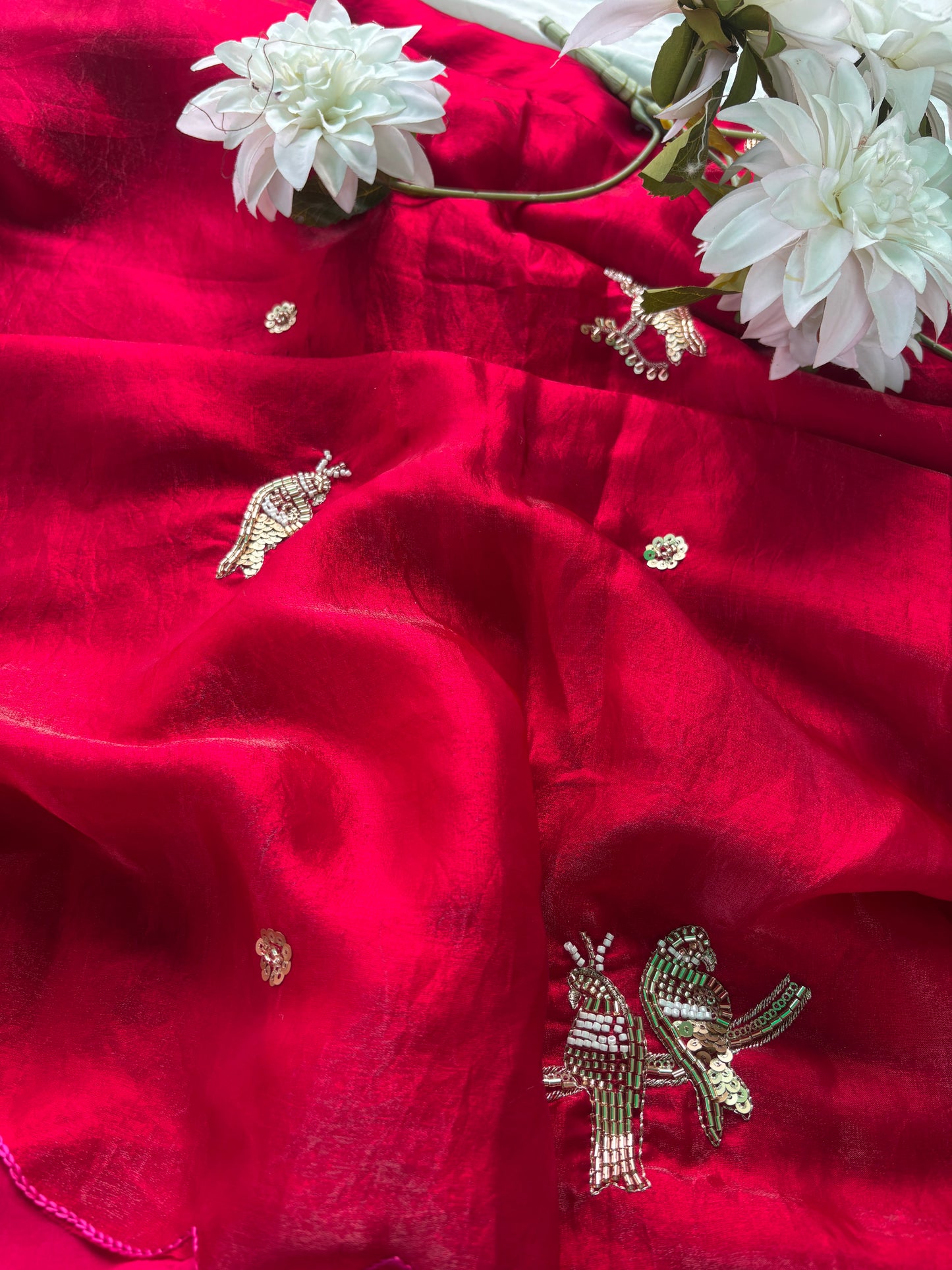 Wine Designer Saree with Handcrafted Bird Motifs