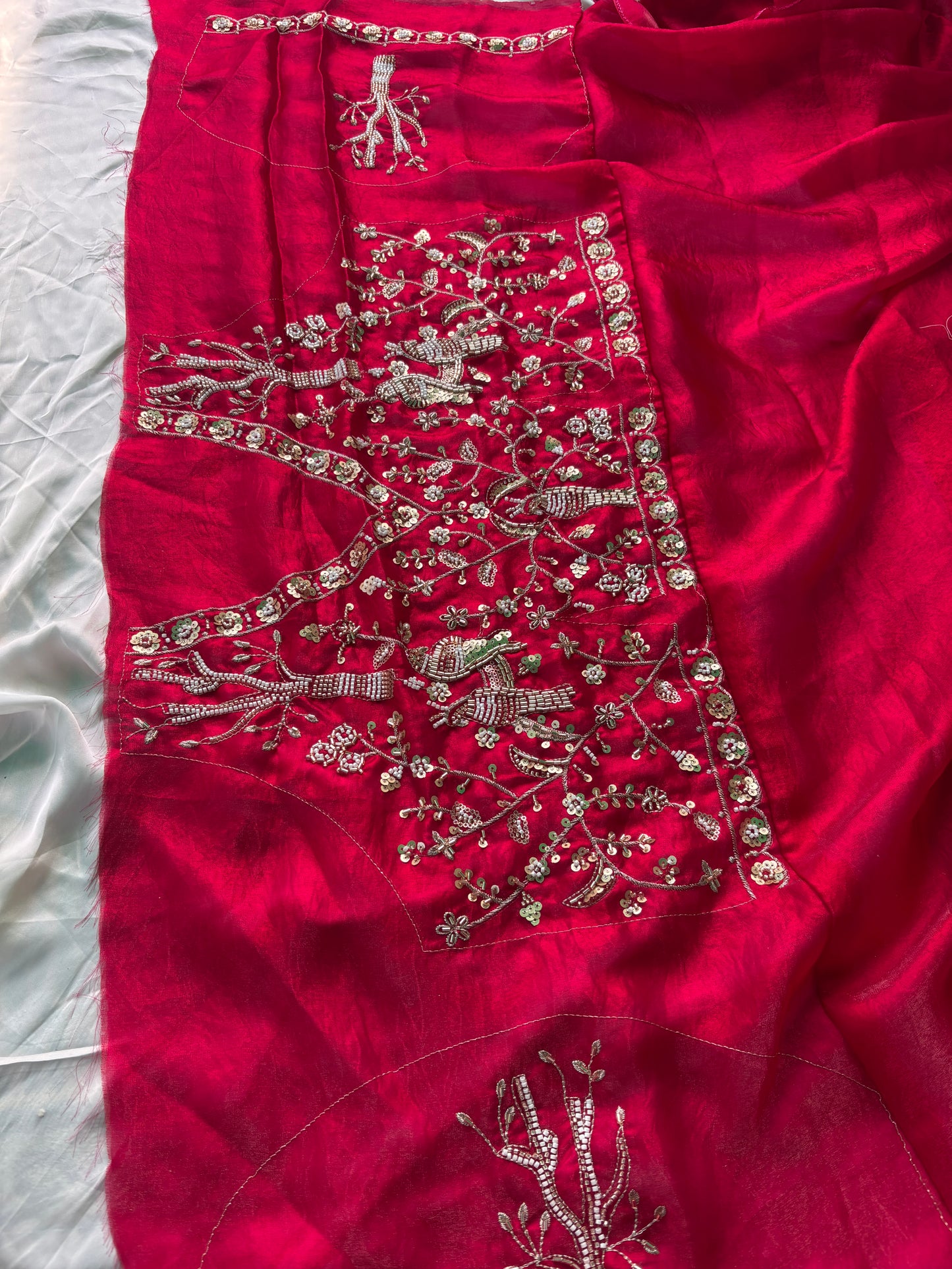 Wine Designer Saree with Handcrafted Bird Motifs