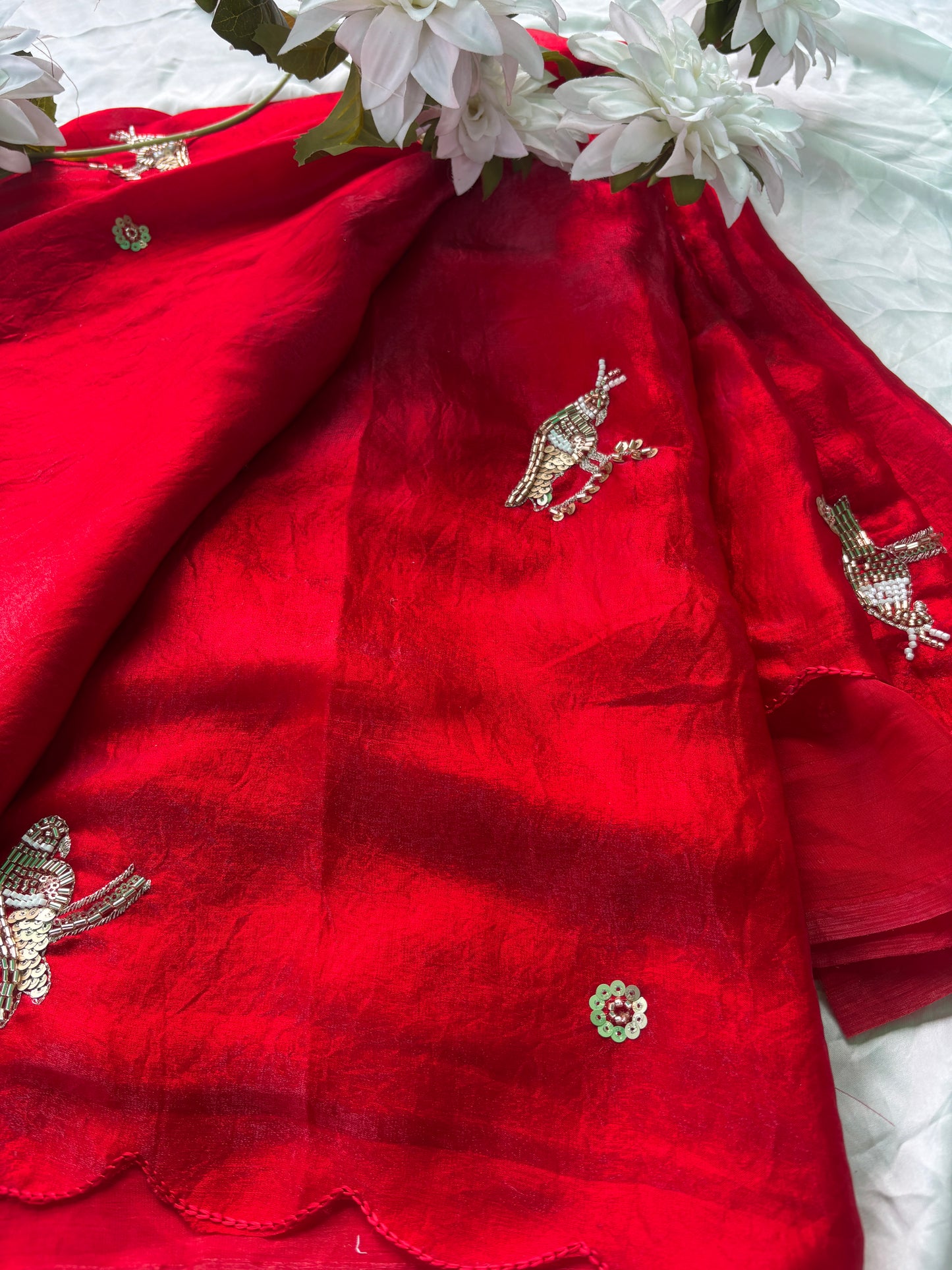 Red Designer Saree with Handcrafted Bird Motifs