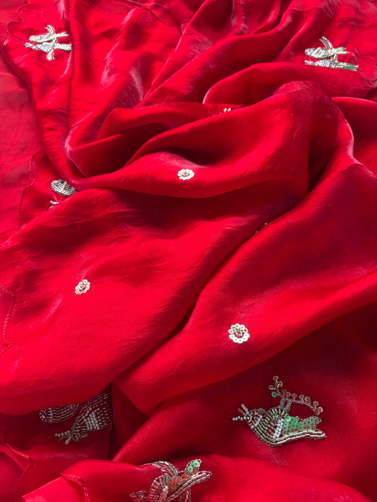 Red Designer Saree with Handcrafted Bird Motifs