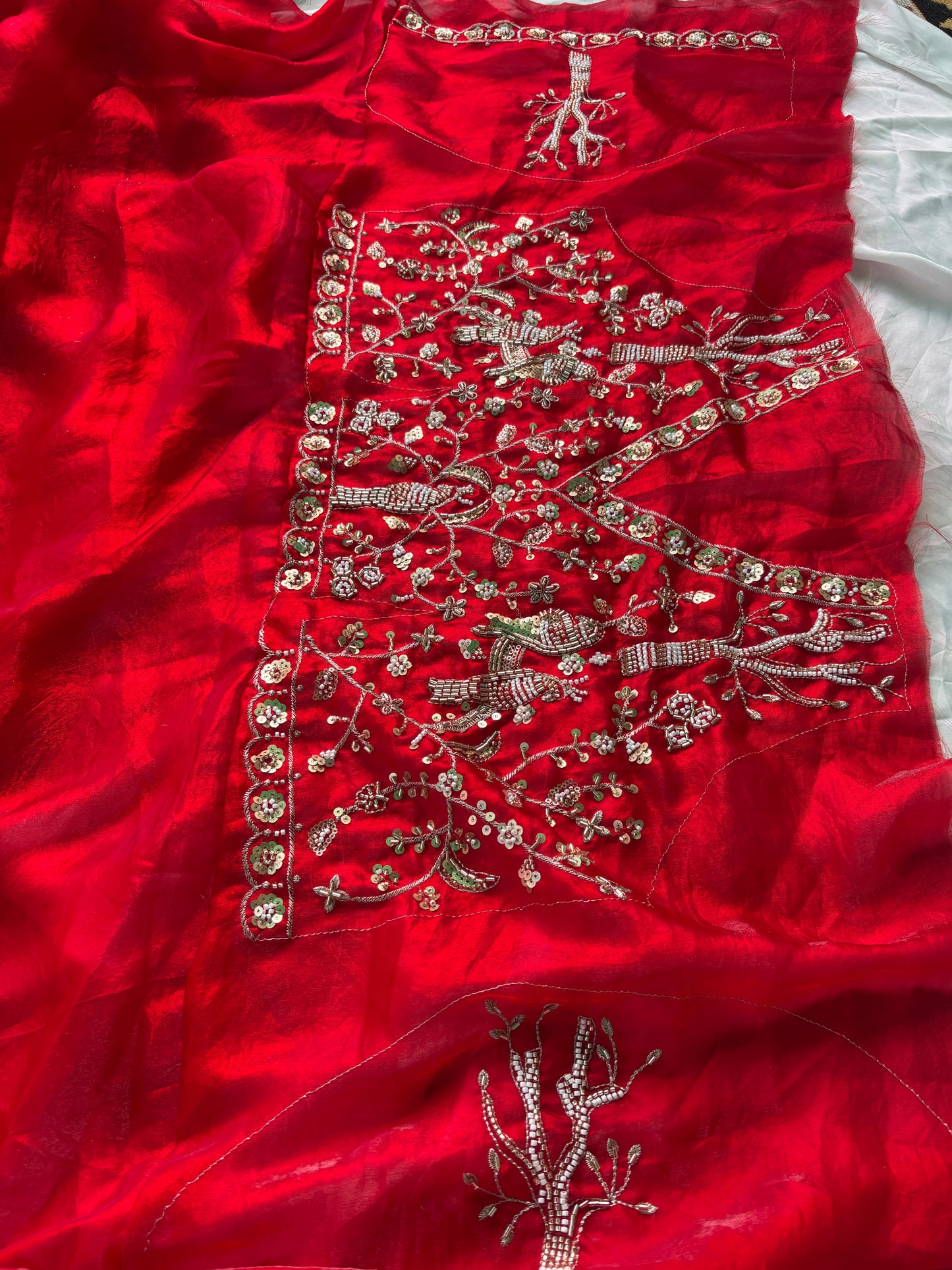 Red Designer Saree with Handcrafted Bird Motifs