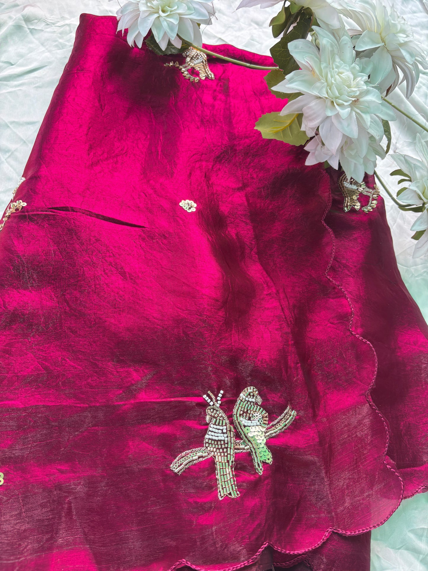 Rani Designer Saree with Handcrafted Bird Motifs