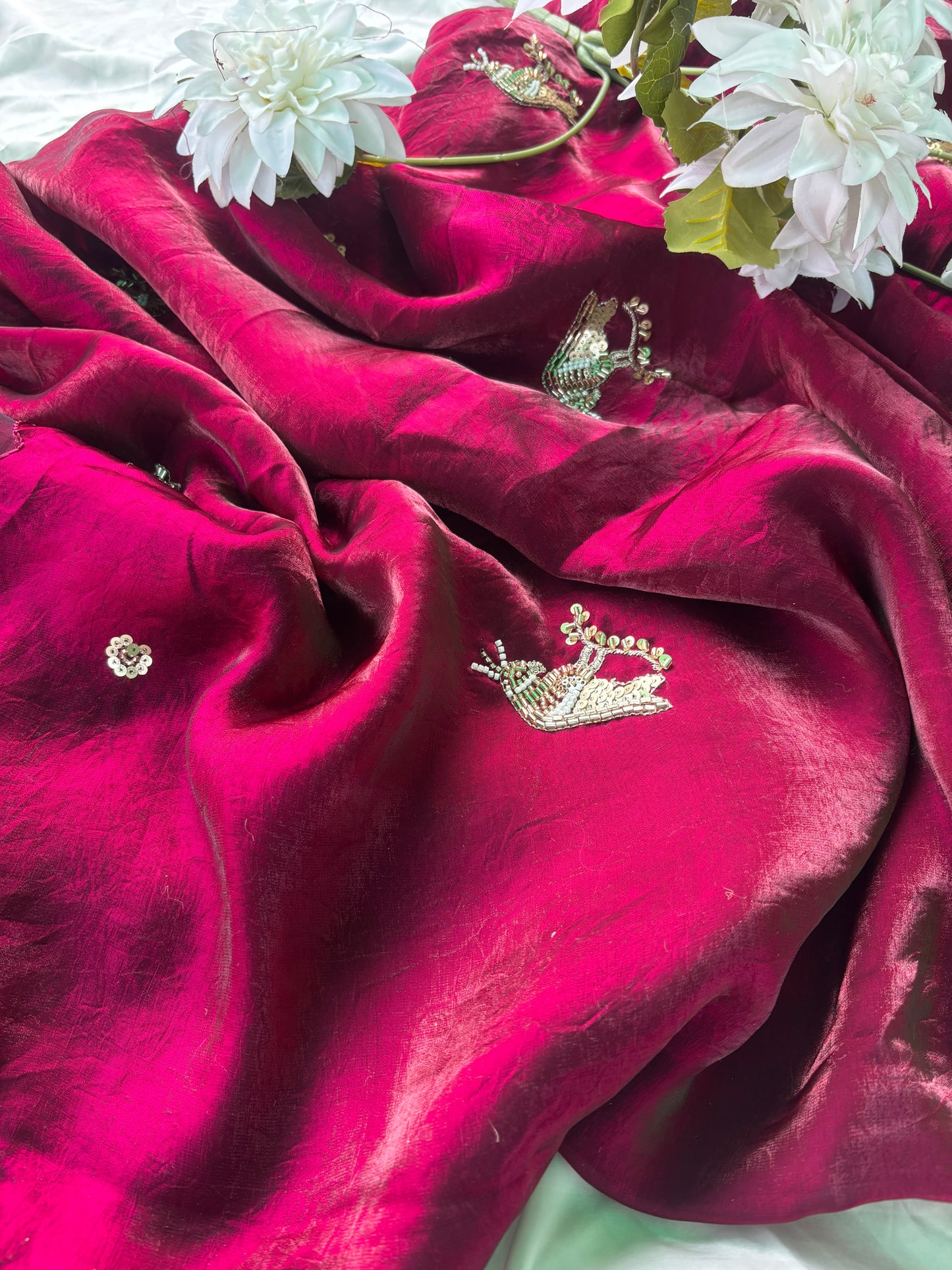 Rani Designer Saree with Handcrafted Bird Motifs