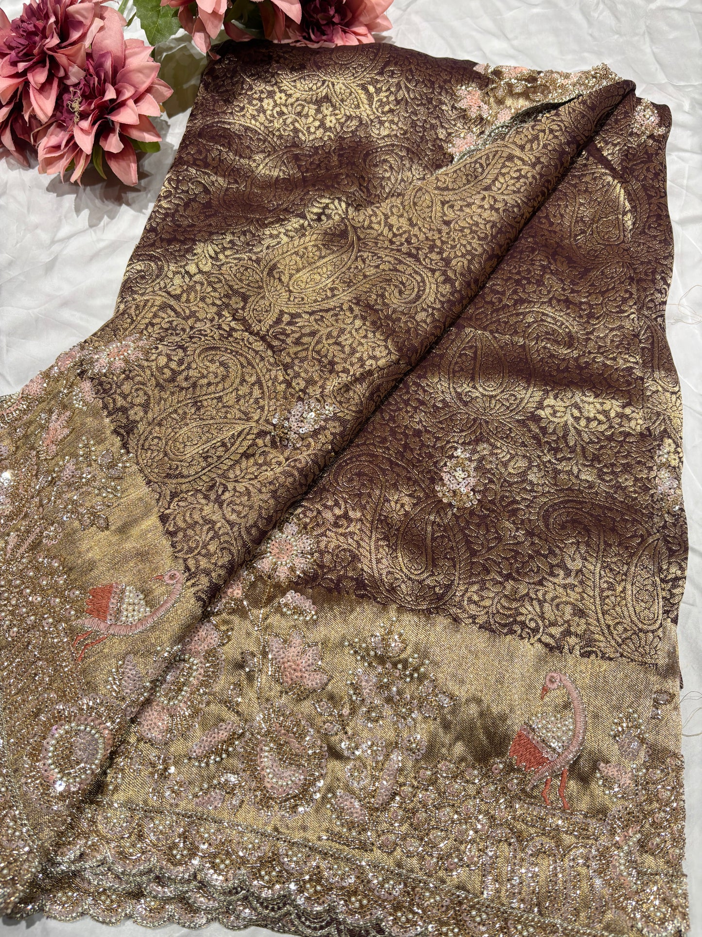 Golden Zari Embroidered Peacock Designer Saree