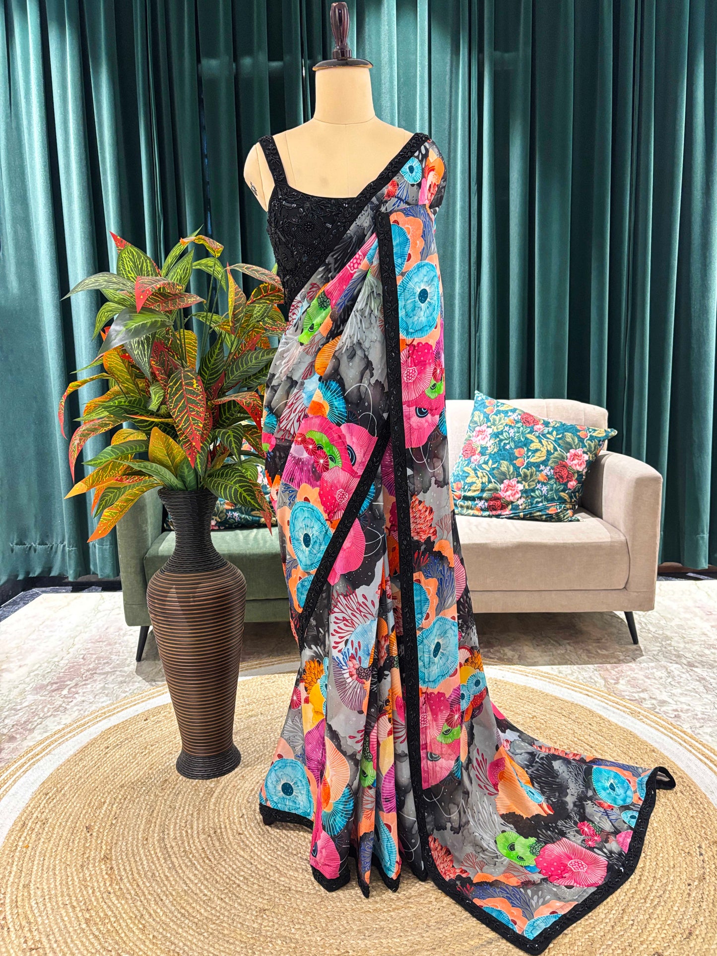 Multicolor Floral Printed Saree With Black Lace Border