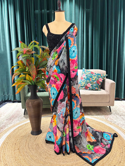 Multicolor Floral Printed Saree With Black Lace Border