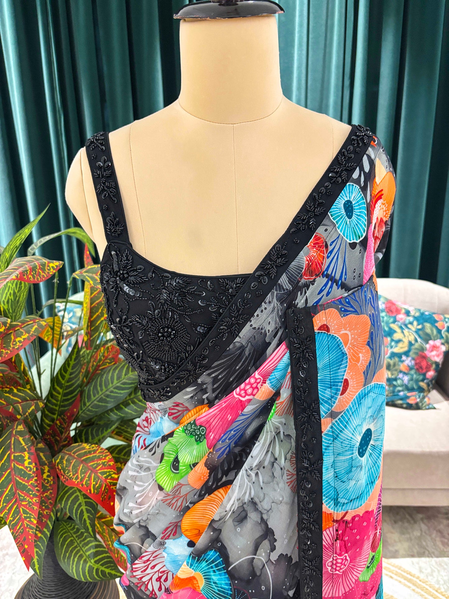 Multicolor Floral Printed Saree With Black Lace Border