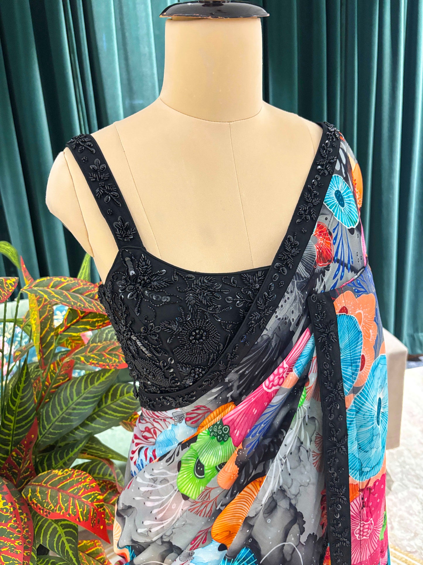 Multicolor Floral Printed Saree With Black Lace Border
