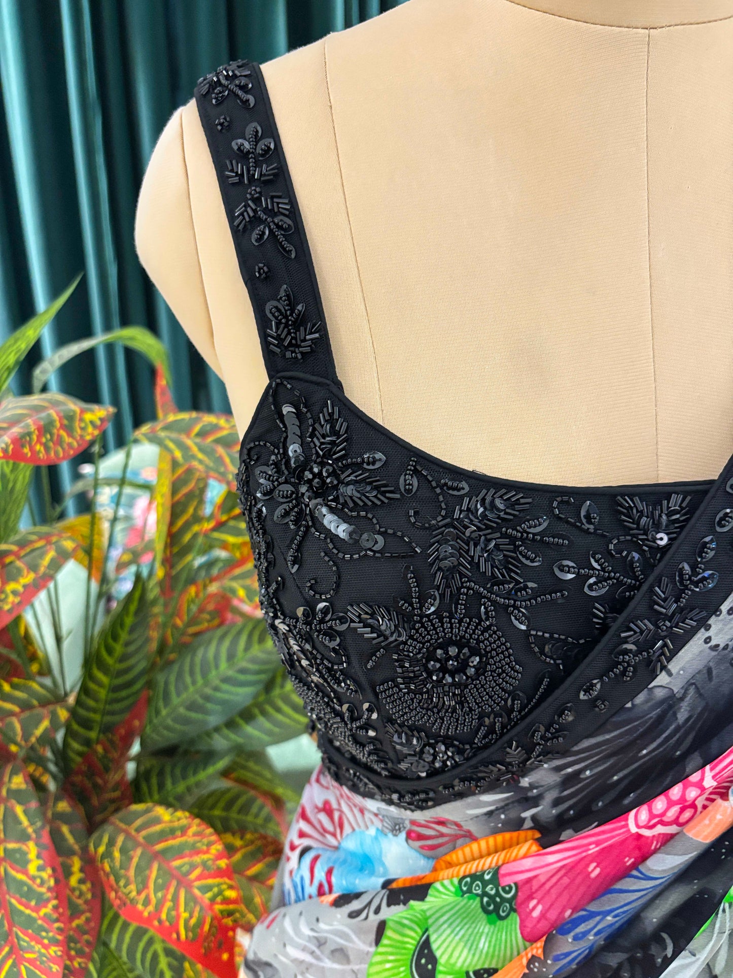 Multicolor Floral Printed Saree With Black Lace Border