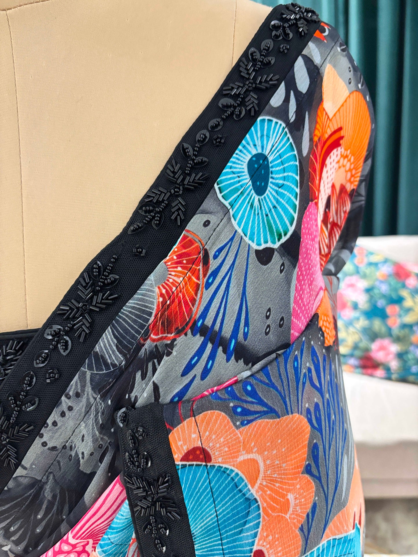 Multicolor Floral Printed Saree With Black Lace Border