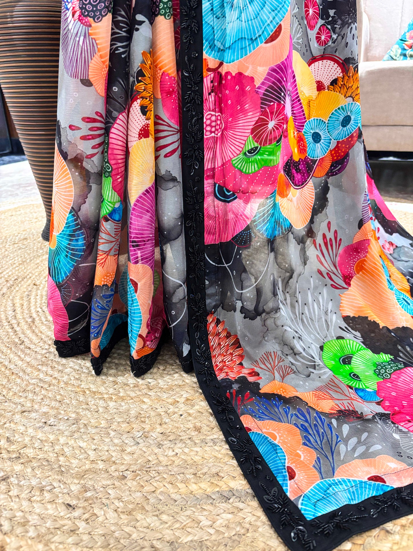 Multicolor Floral Printed Saree With Black Lace Border