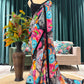 Multicolor Floral Printed Saree With Black Lace Border