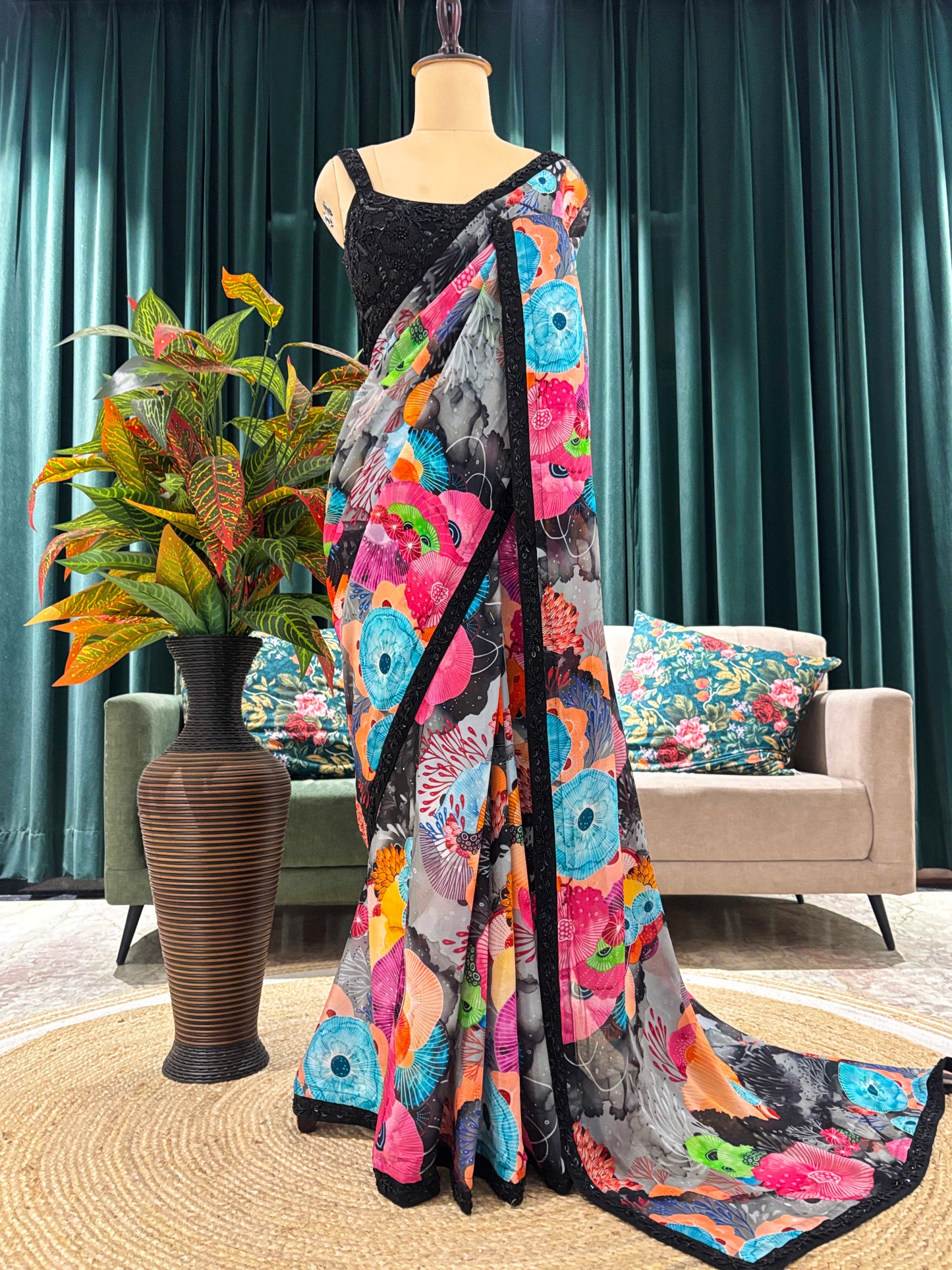 Multicolor Floral Printed Saree With Black Lace Border