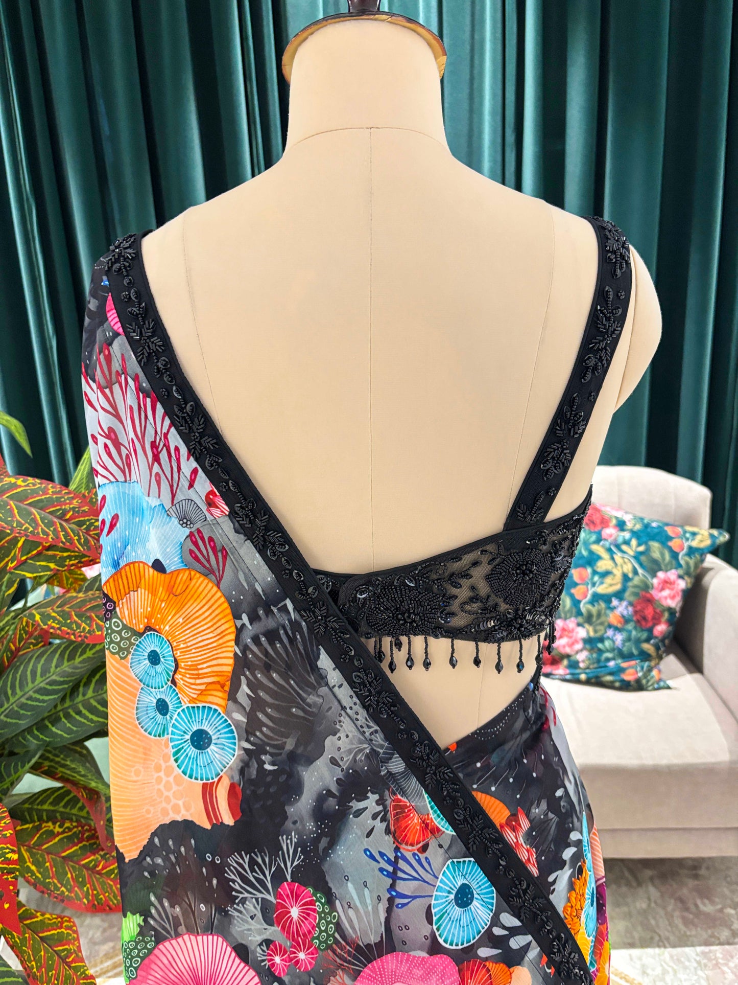 Multicolor Floral Printed Saree With Black Lace Border