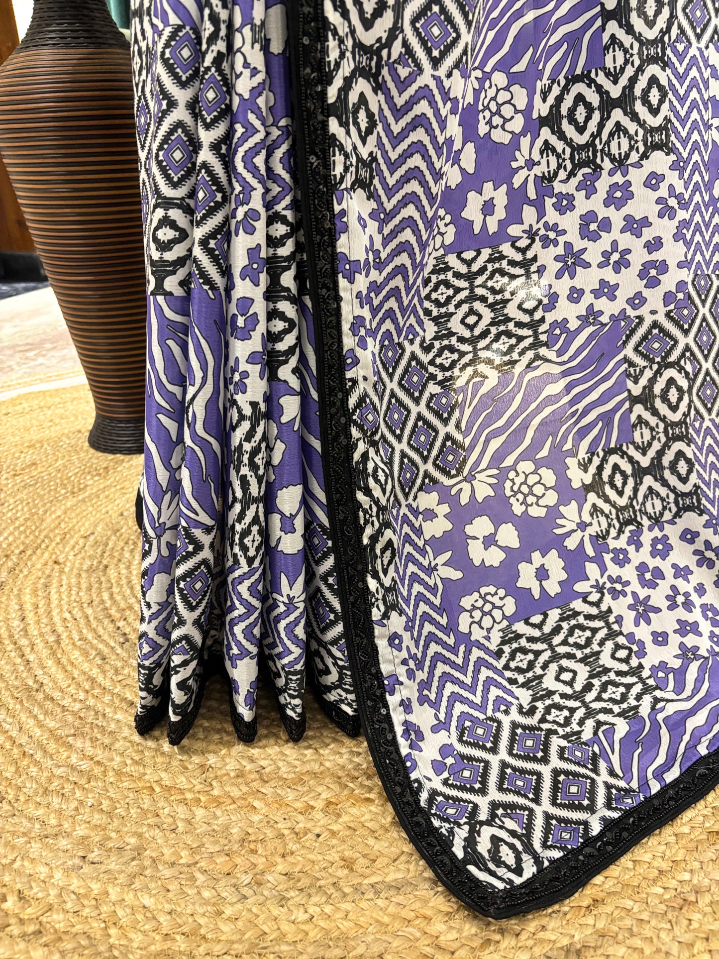 Lavender Ikat Print Saree With Black Border And Blouse Piece