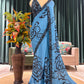 Blue Floral Print Saree with Black Embroidered Border Design