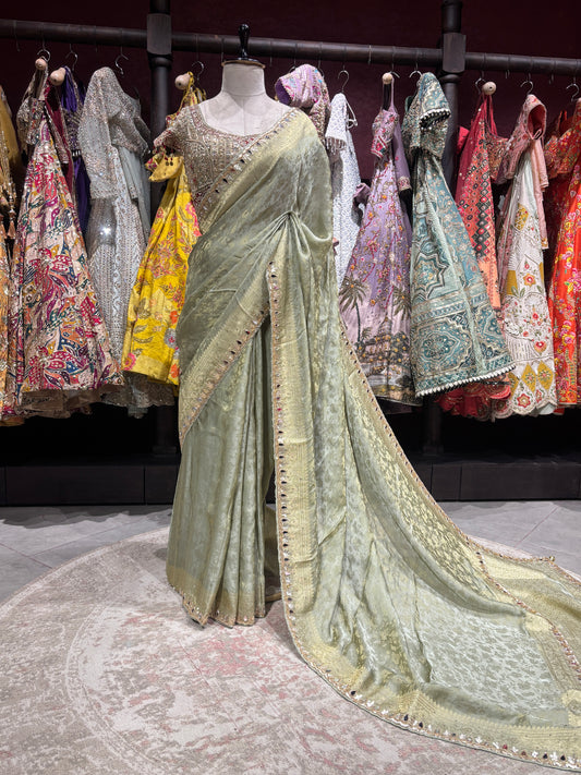 Sage Green Saree with Ornate Embroidery & Designer Blouse