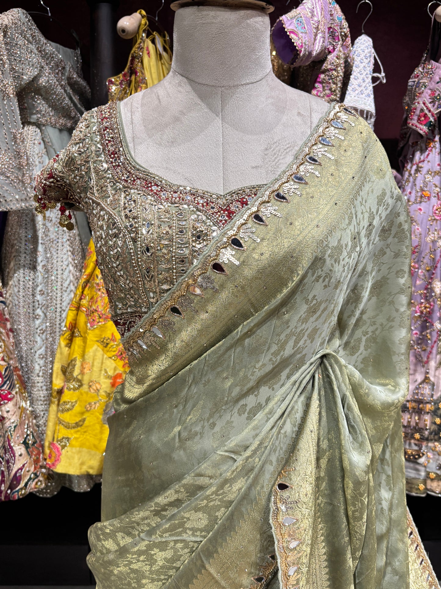 Sage Green Saree with Ornate Embroidery & Designer Blouse