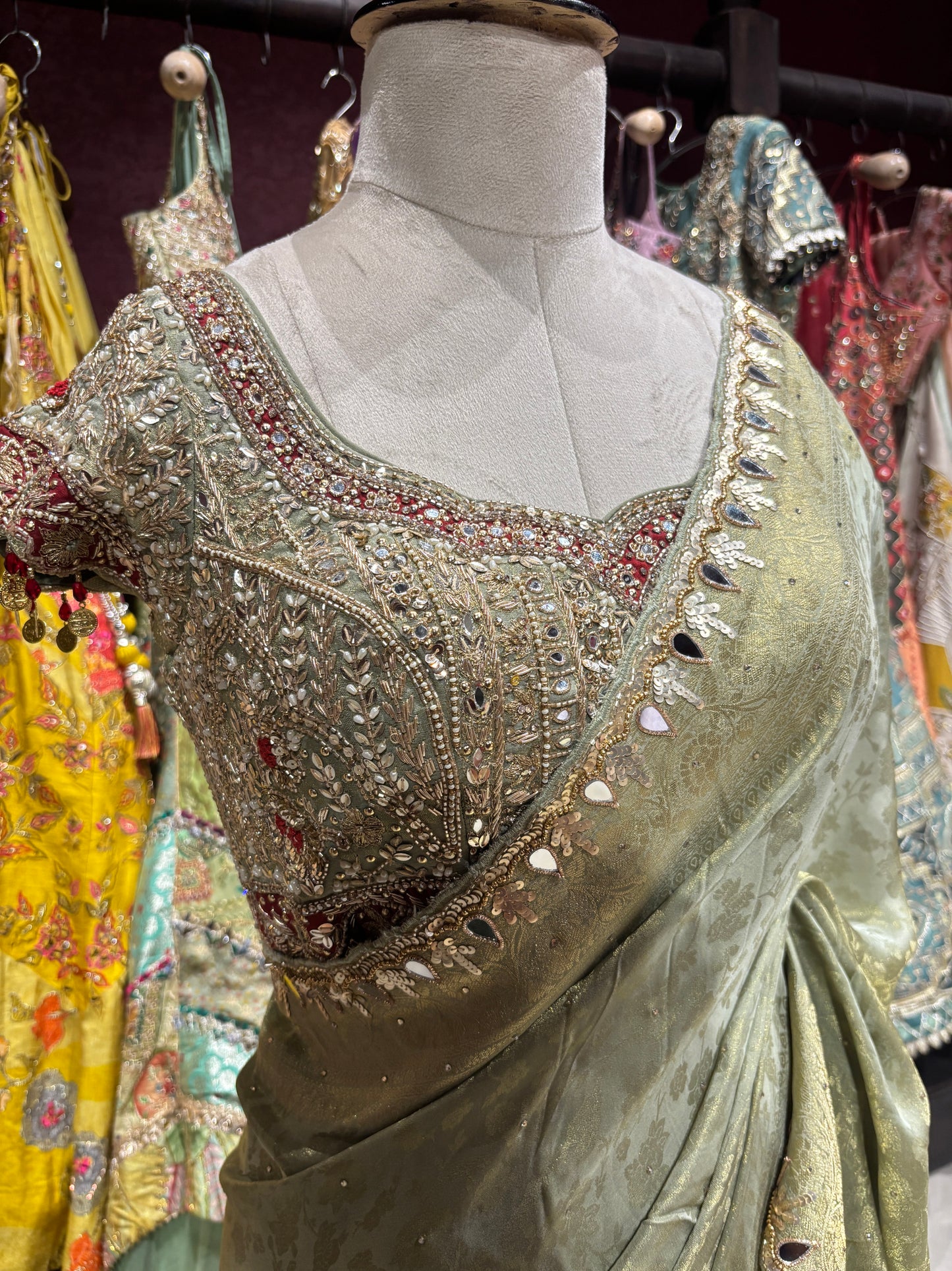 Sage Green Saree with Ornate Embroidery & Designer Blouse