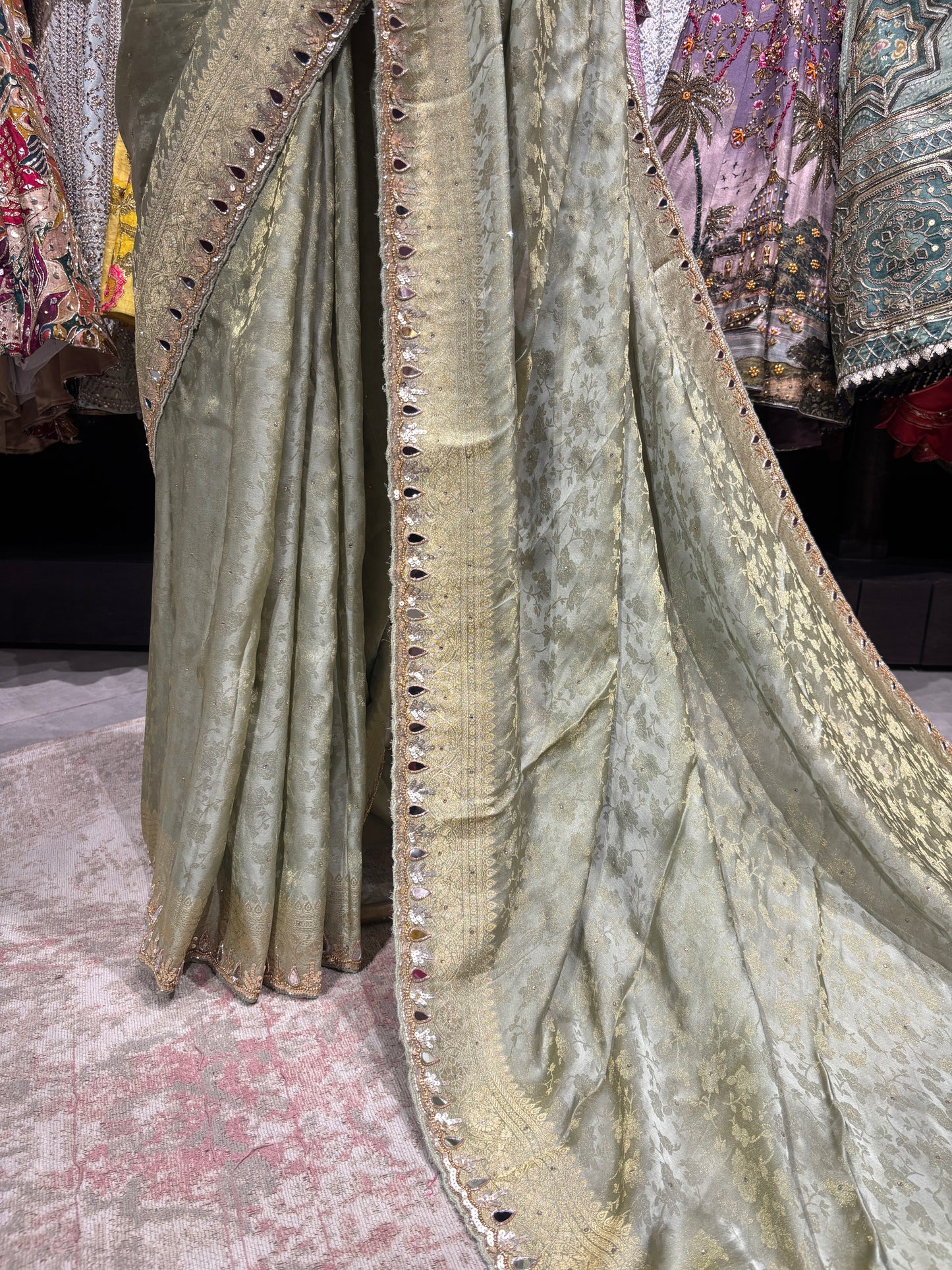 Sage Green Saree with Ornate Embroidery & Designer Blouse