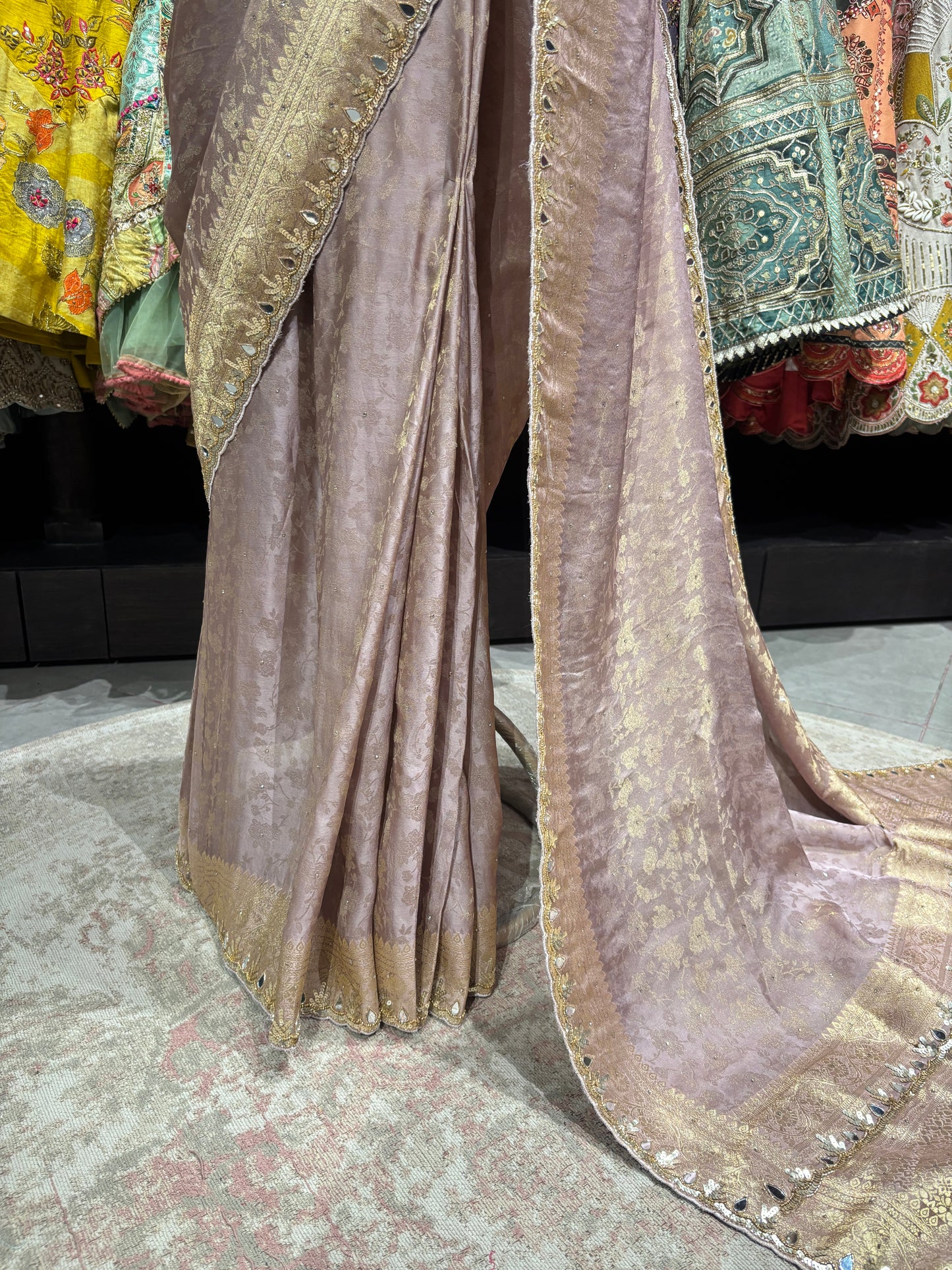 Lavender Designer Blouse Saree with Golden Embroidered Border
