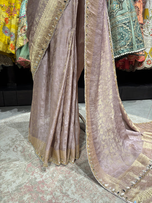 Lavender Designer Blouse Saree with Golden Embroidered Border