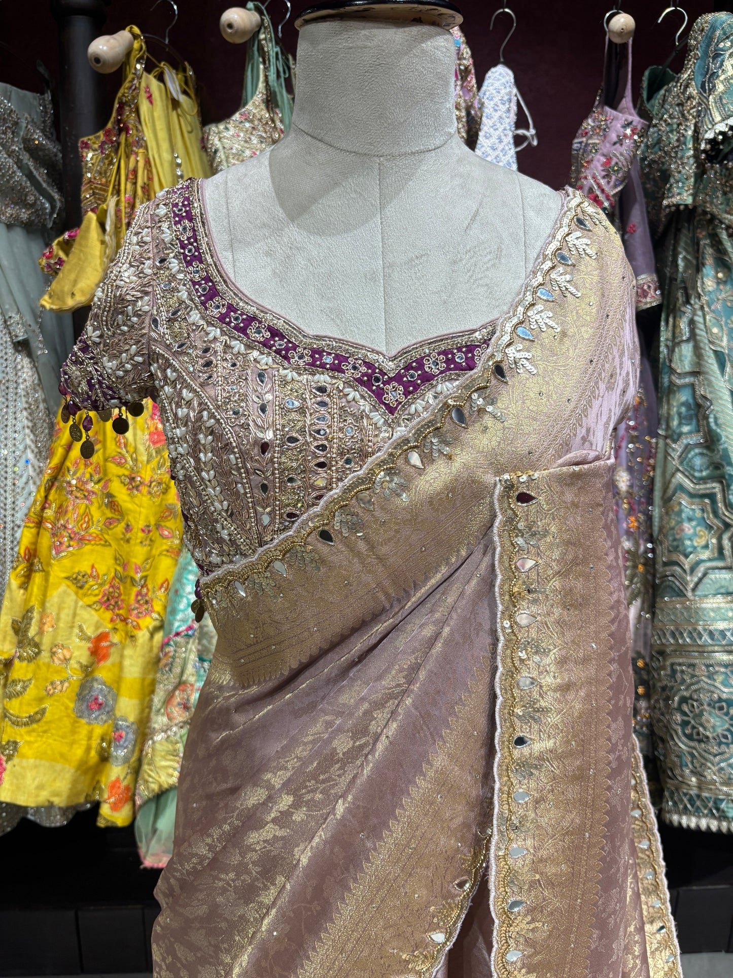 Lavender Designer Blouse Saree with Golden Embroidered Border